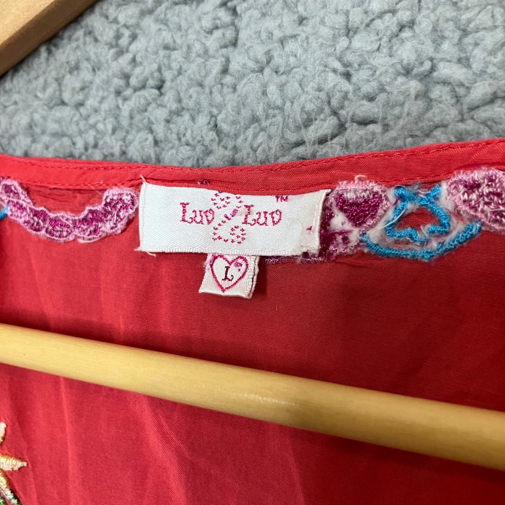 Y2K Vtg Luv2luv Top Women L Hot Pink Coral Embroidered Flowers Summer Colors 90s - Picture 2 of 6